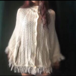 Vintage 60’s/70’s Boho Cream Fringed Knit Poncho Sweater